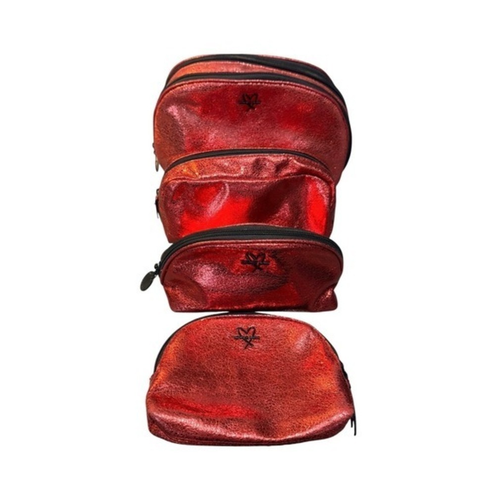 Victoria's Secret 4 Piece Cosmetic‎ Bag Set Metallic Red Crackle Heart Logo Glam